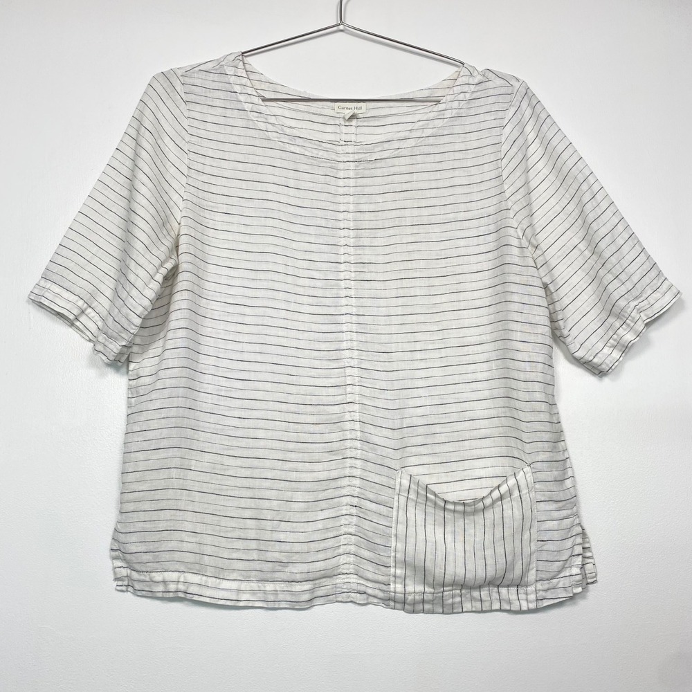Garnet Hill Women Blouse Size M White Striped 100% Linen Short Sleeve Pocket Top
